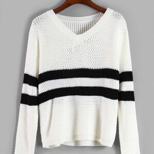 Pink Rose White V-Neck Sweater with Black Stripes